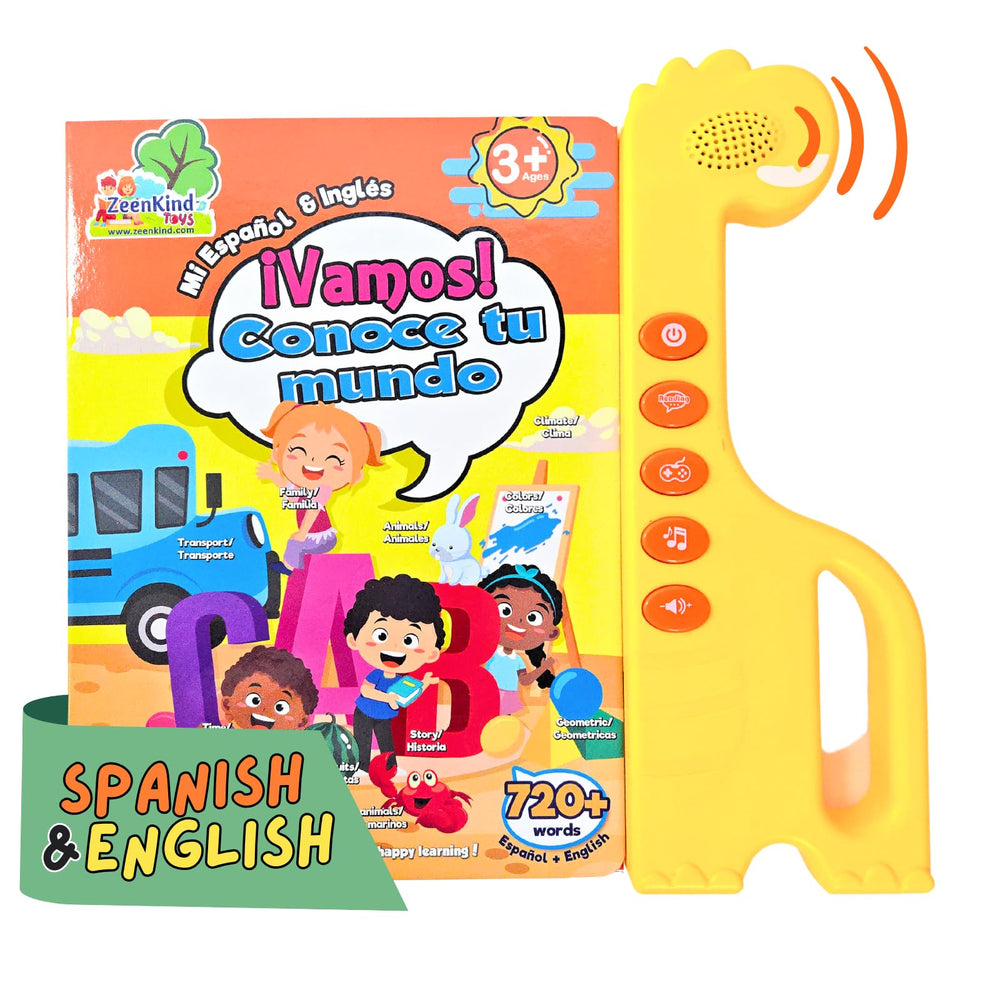 ZeenKind Spanish-English Sound Book cover shown for durable bilingual play.