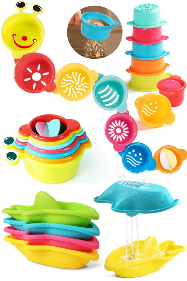 Zeewoo baby bath toys with seven colorful cups for stacking and learning.
