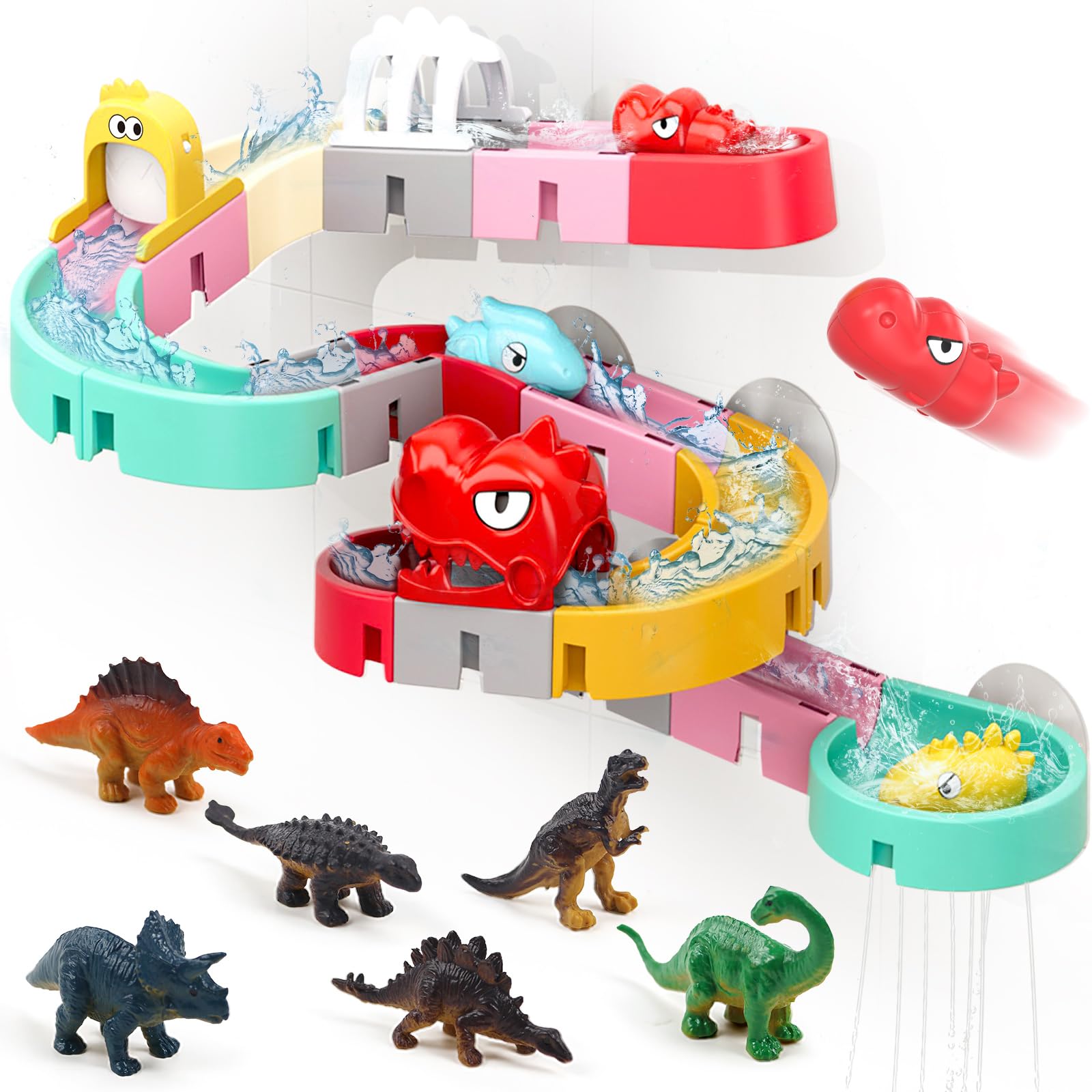 Zeewoo kids bath track with dinosaur cars promotes imaginative bath time play.