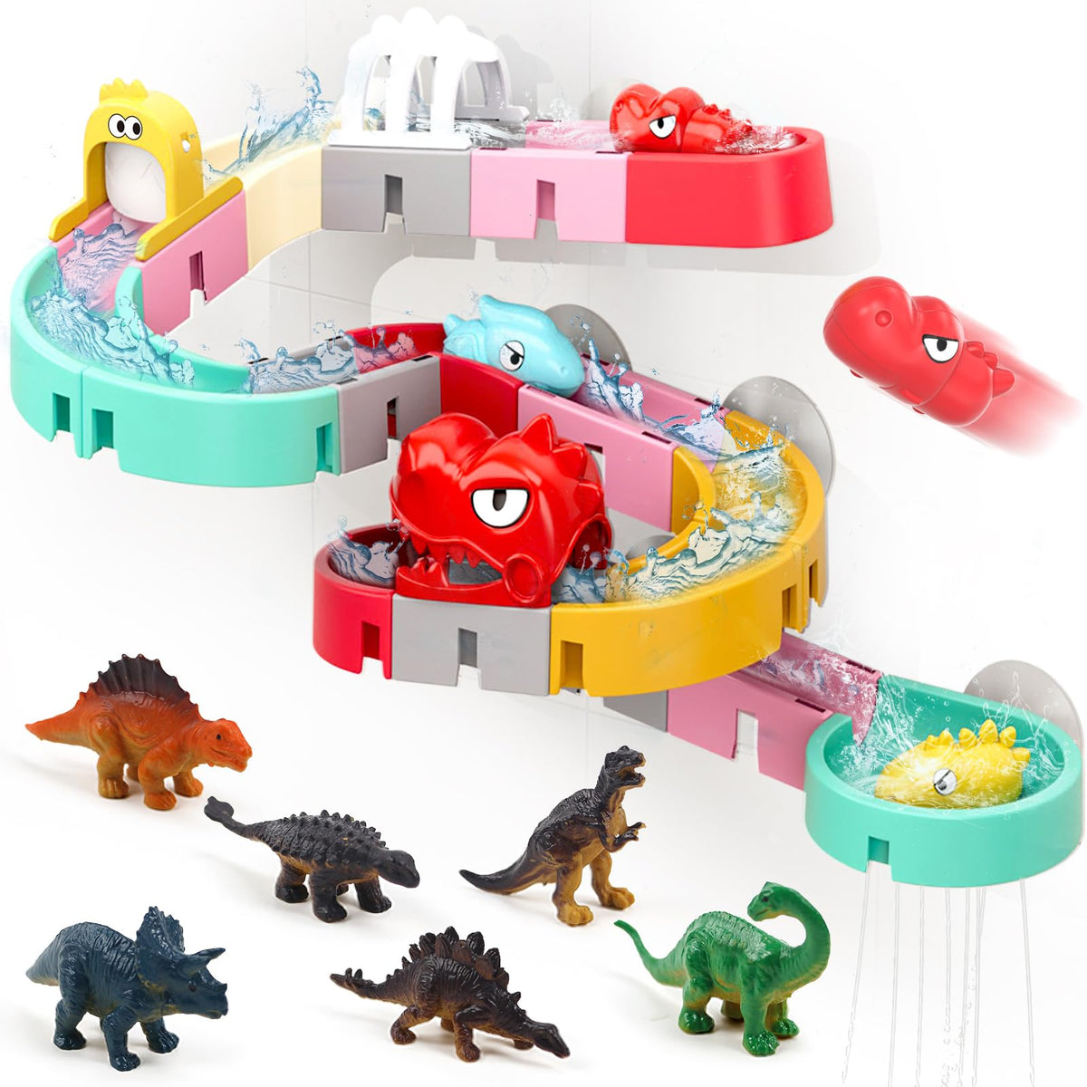 Zeewoo kids bath track with dinosaur cars promotes imaginative bath time play.