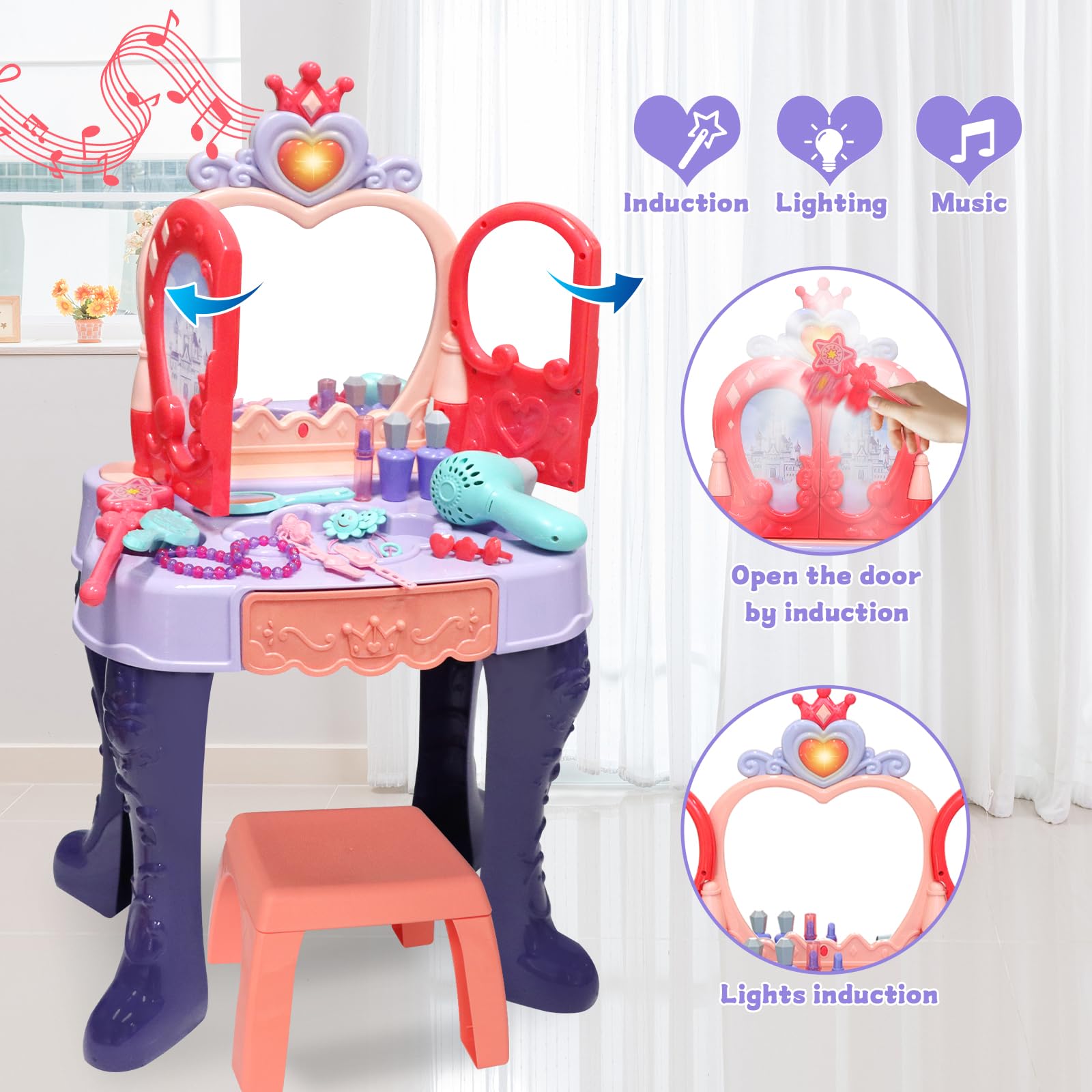 Zefinot vanity stool complements the mirror for cozy dressing sessions.