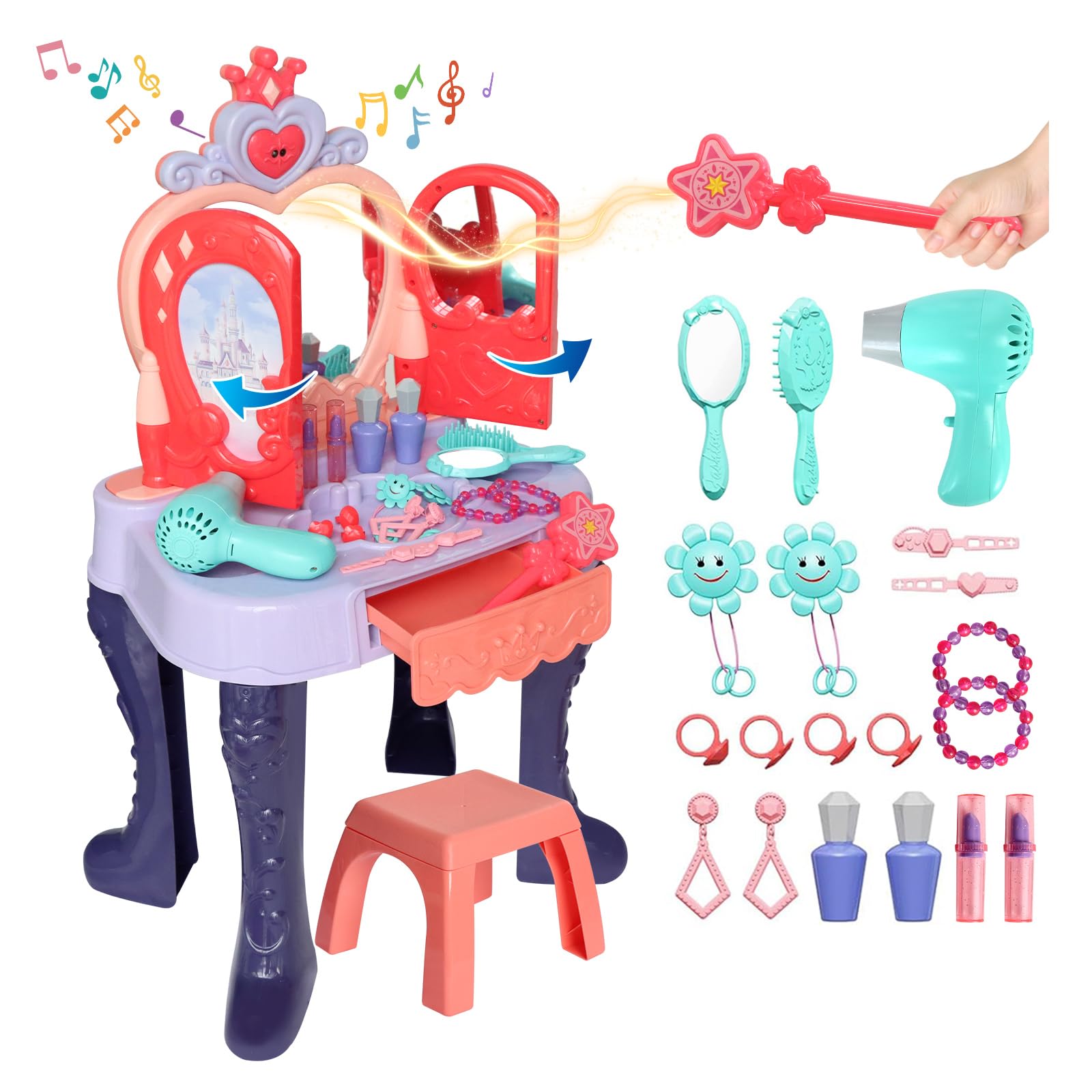 Zefinot toddler vanity table with mirror enhances imaginative dress-up play.