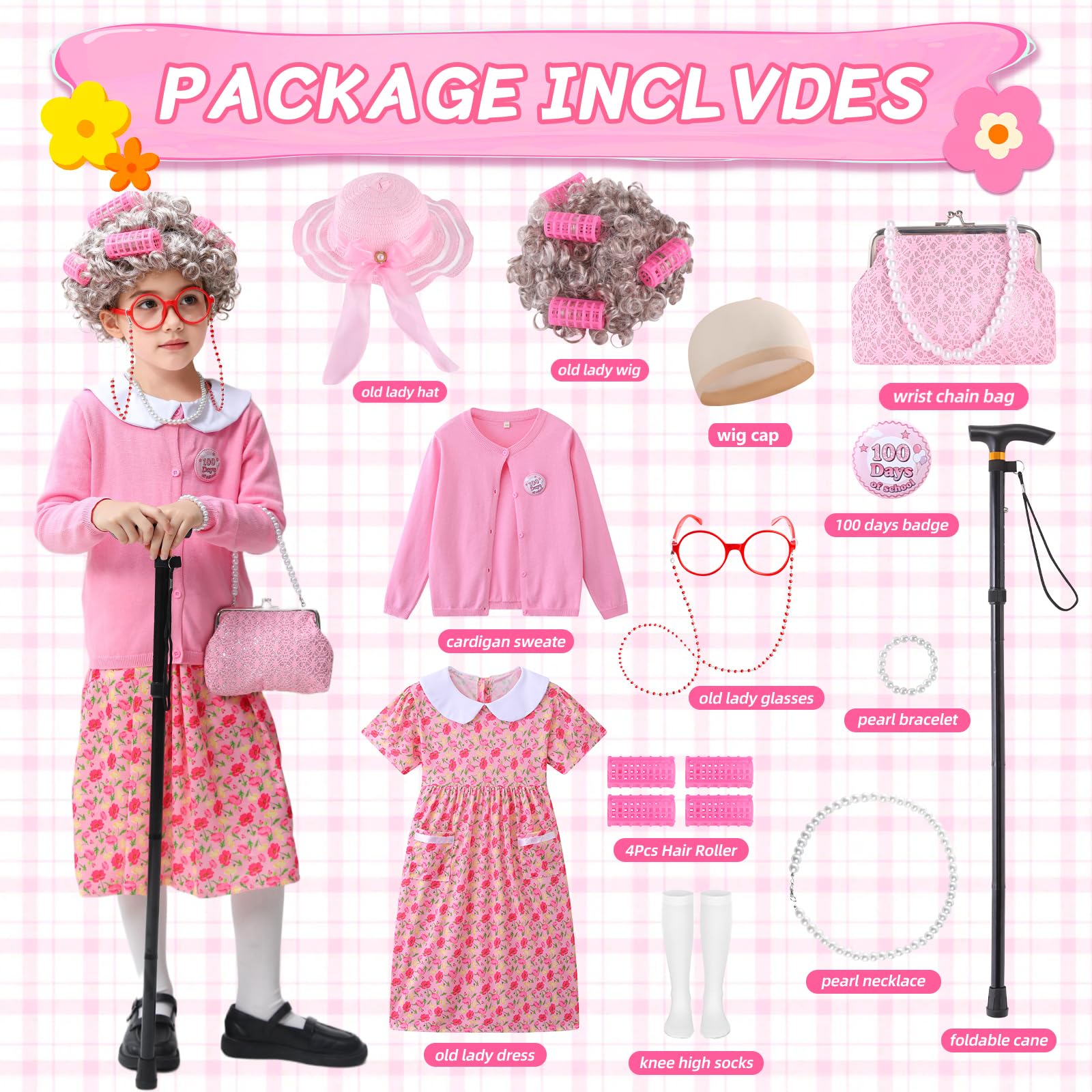 ZelJoyla foldable cane, socks, and purse for cosplay details.
