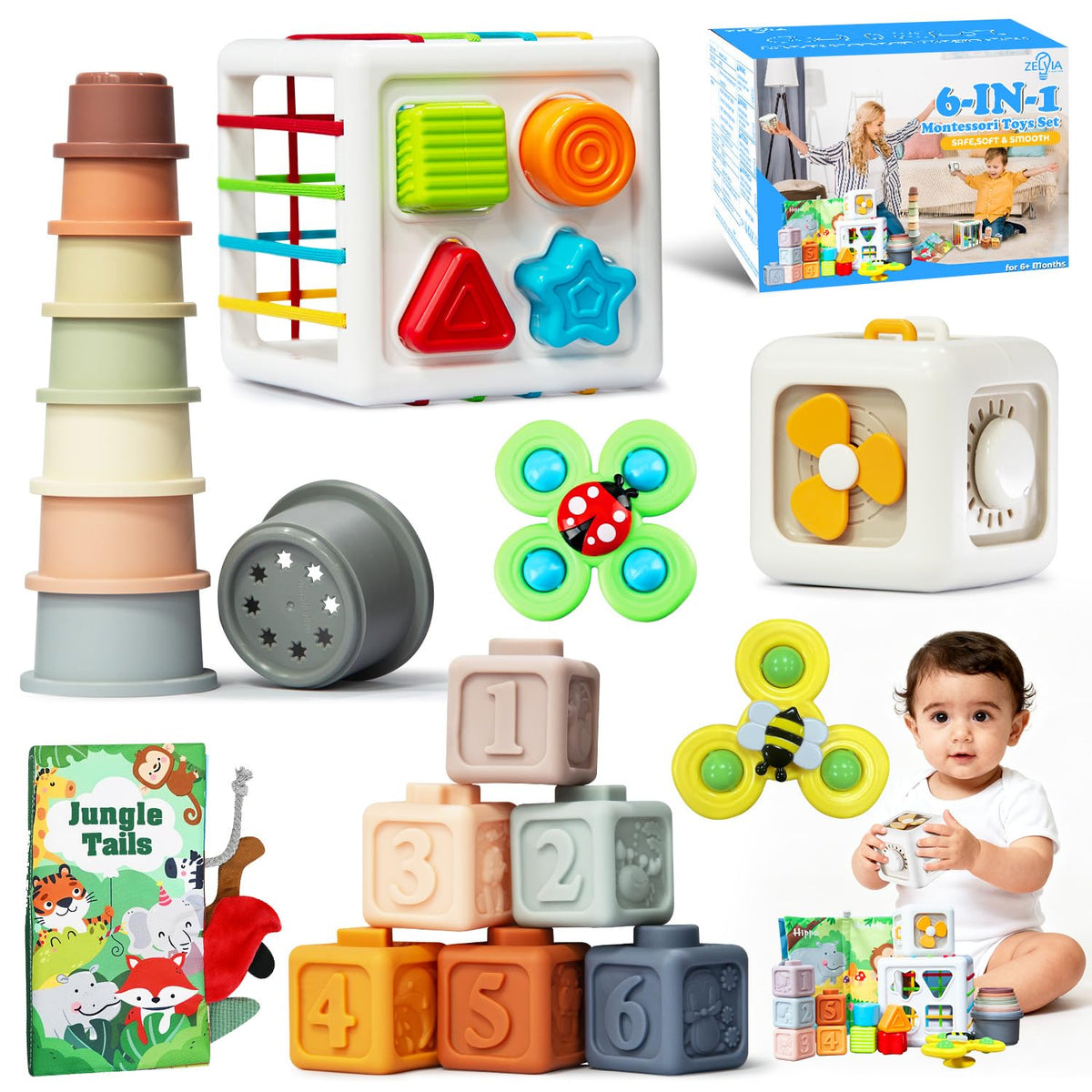 Zelvia Busy Cube Toy promotes fine motor exploration with colorful blocks.
