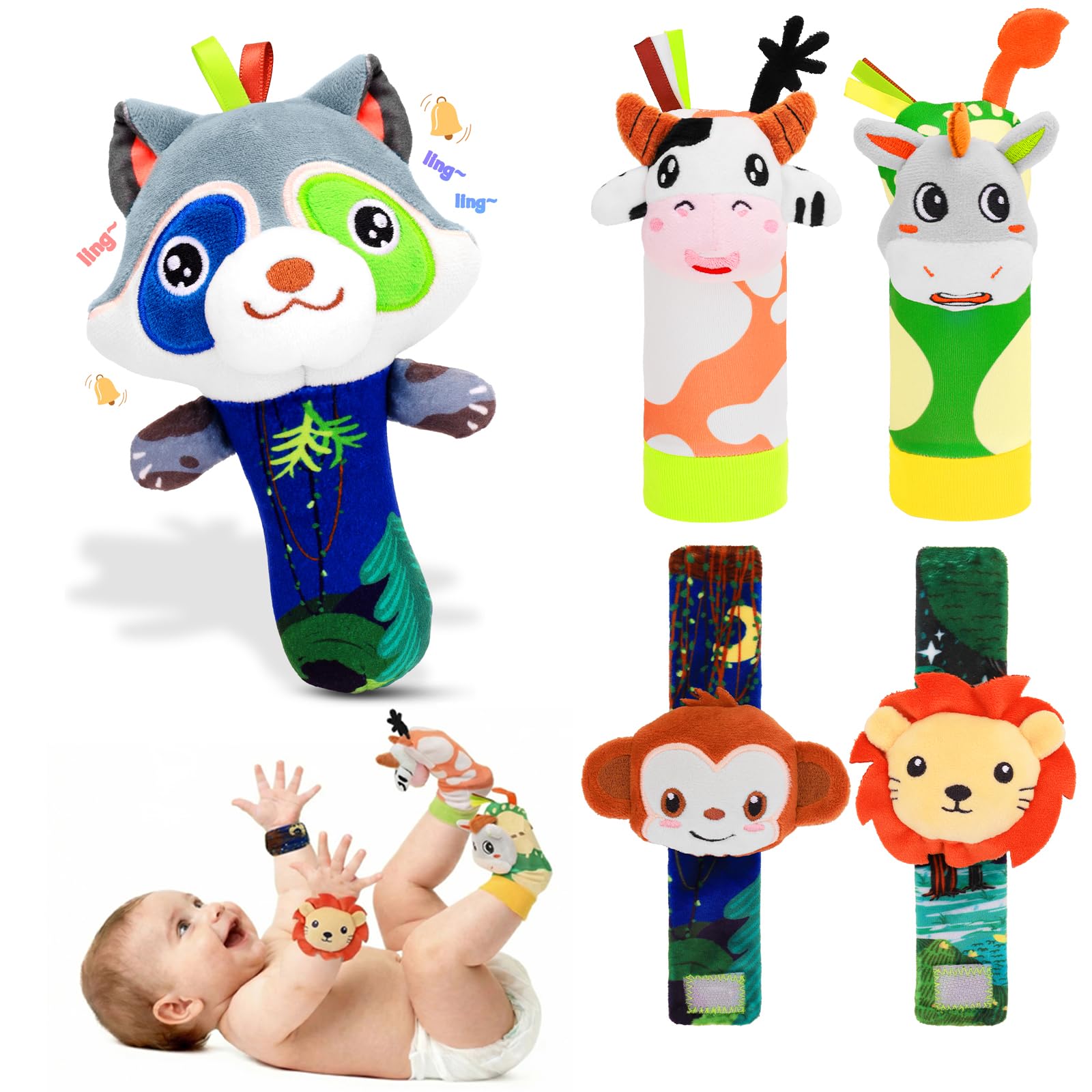 Zendstanding baby wrist rattle on arm supports visual tracking and engagement.