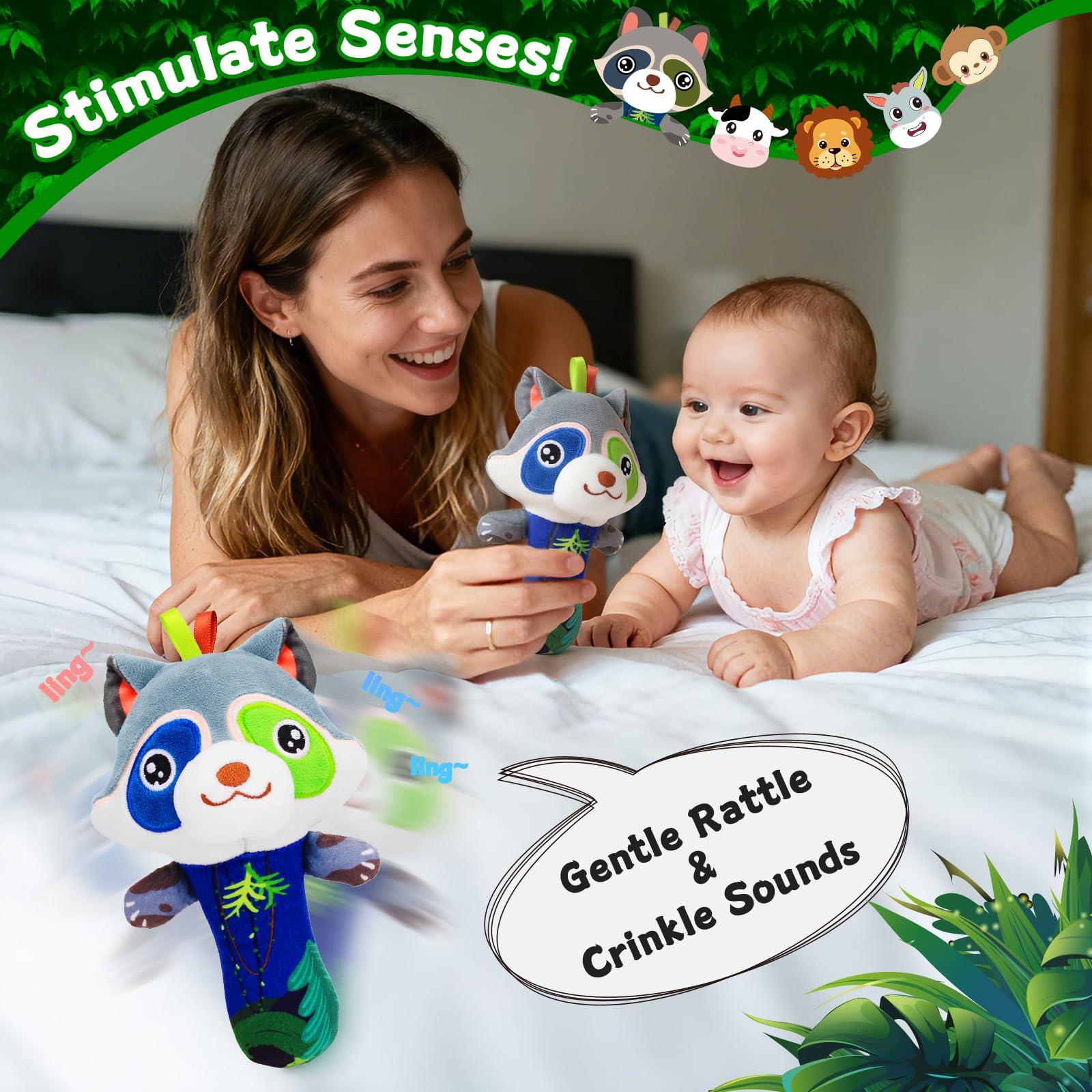 Zendstanding foot rattle socks on baby foot provide secure, hands-free play.