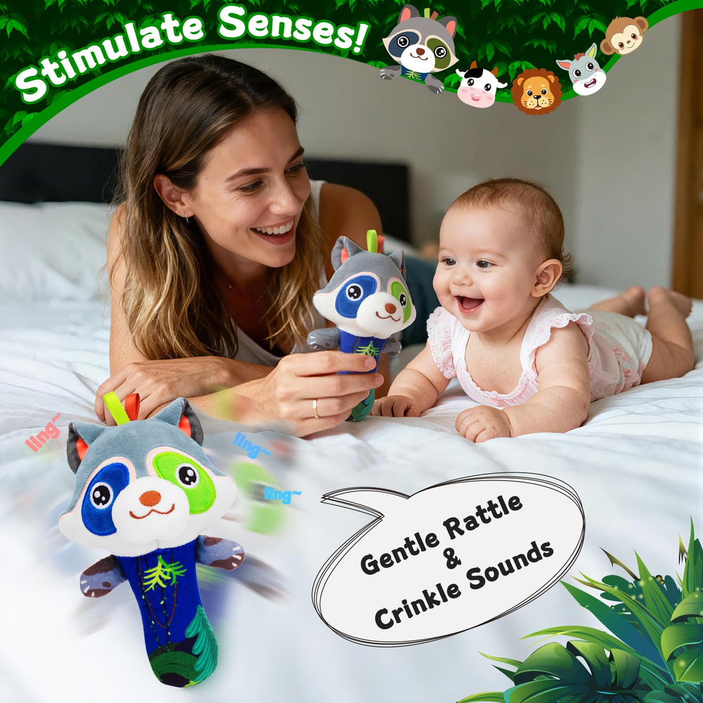 Zendstanding foot rattle socks on baby foot provide secure, hands-free play.
