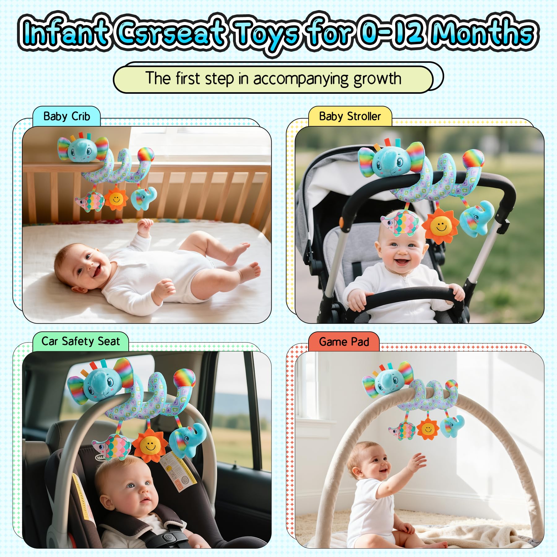 Zendstanding spiral clip attaches securely to most stroller or car seat bars.
