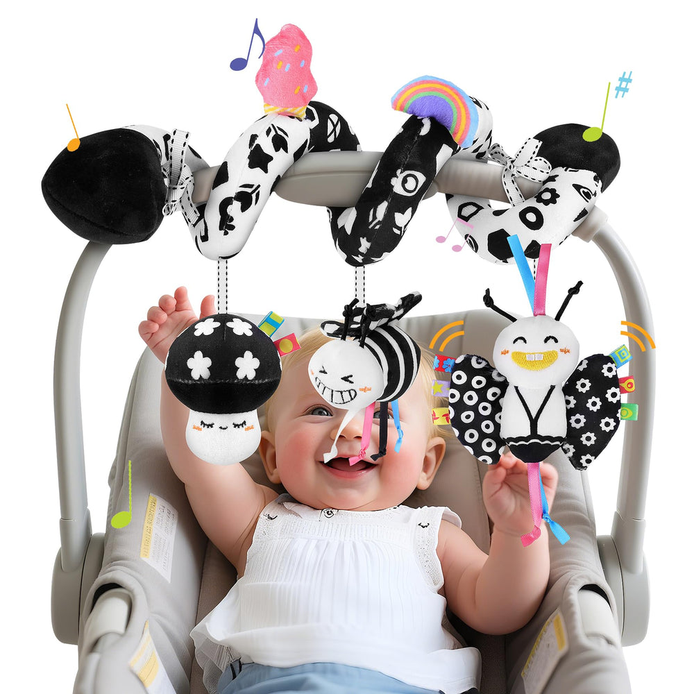 Zendstanding spiral car-seat toy captivates newborns during stroller trips