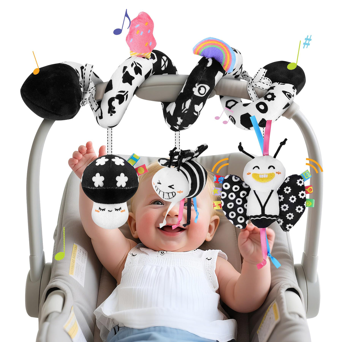 Zendstanding spiral car-seat toy captivates newborns during stroller trips