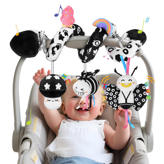 Zendstanding spiral car-seat toy captivates newborns during stroller trips