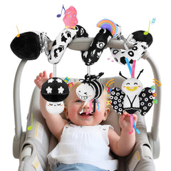 Zendstanding spiral car-seat toy captivates newborns during stroller trips