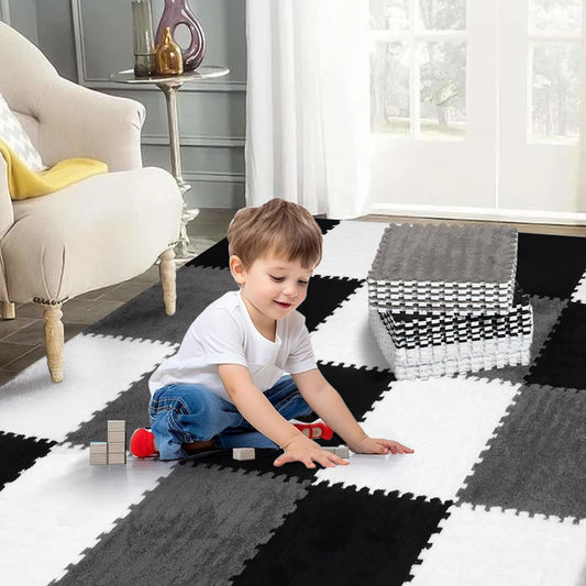 Zenowick plush interlocking carpet tiles close-up of soft velvet surface for toddler play