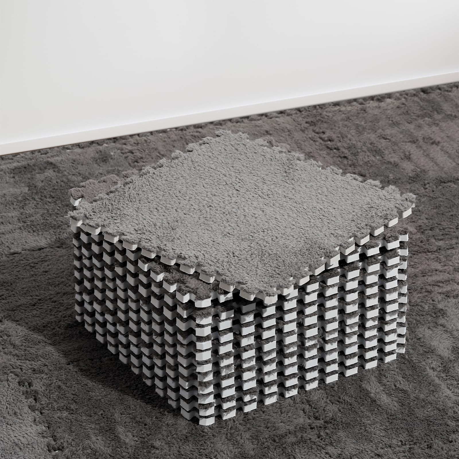 ZENOWICK plush interlocking carpet tiles in gray for a soft toddler play area