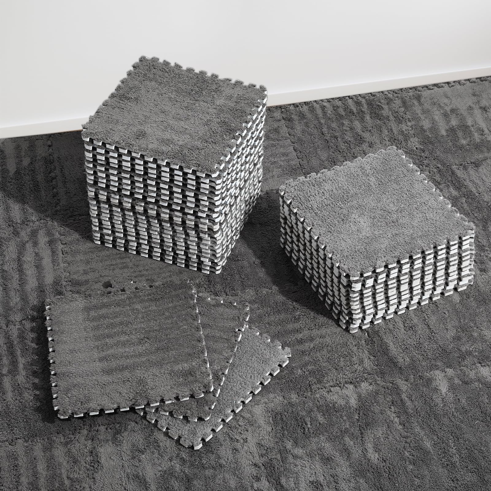 ZENOWICK plush interlocking tiles with easy assembly for a soft child play area.