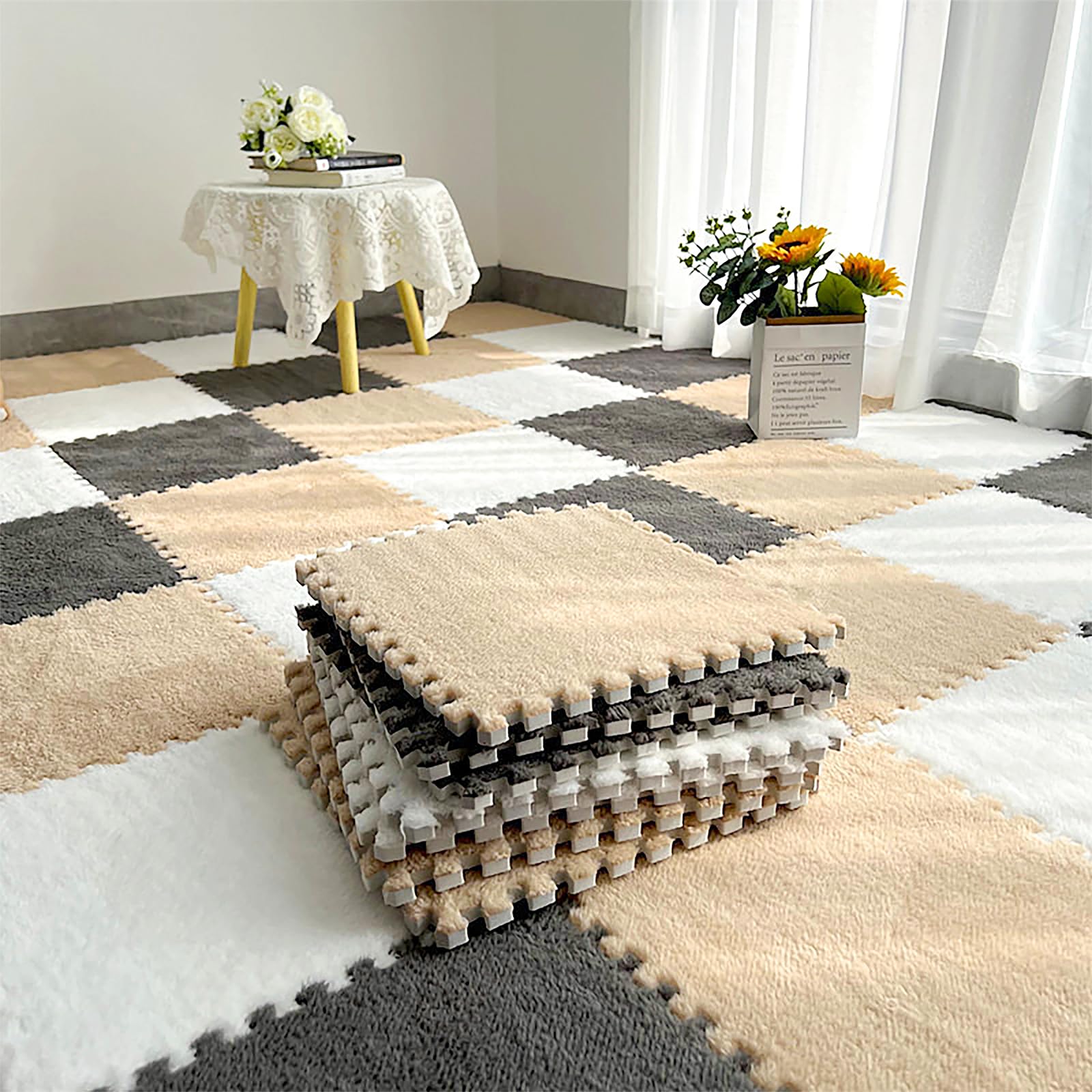 ZENOWICK plush interlocking tiles showing quick assembly for a customized play area