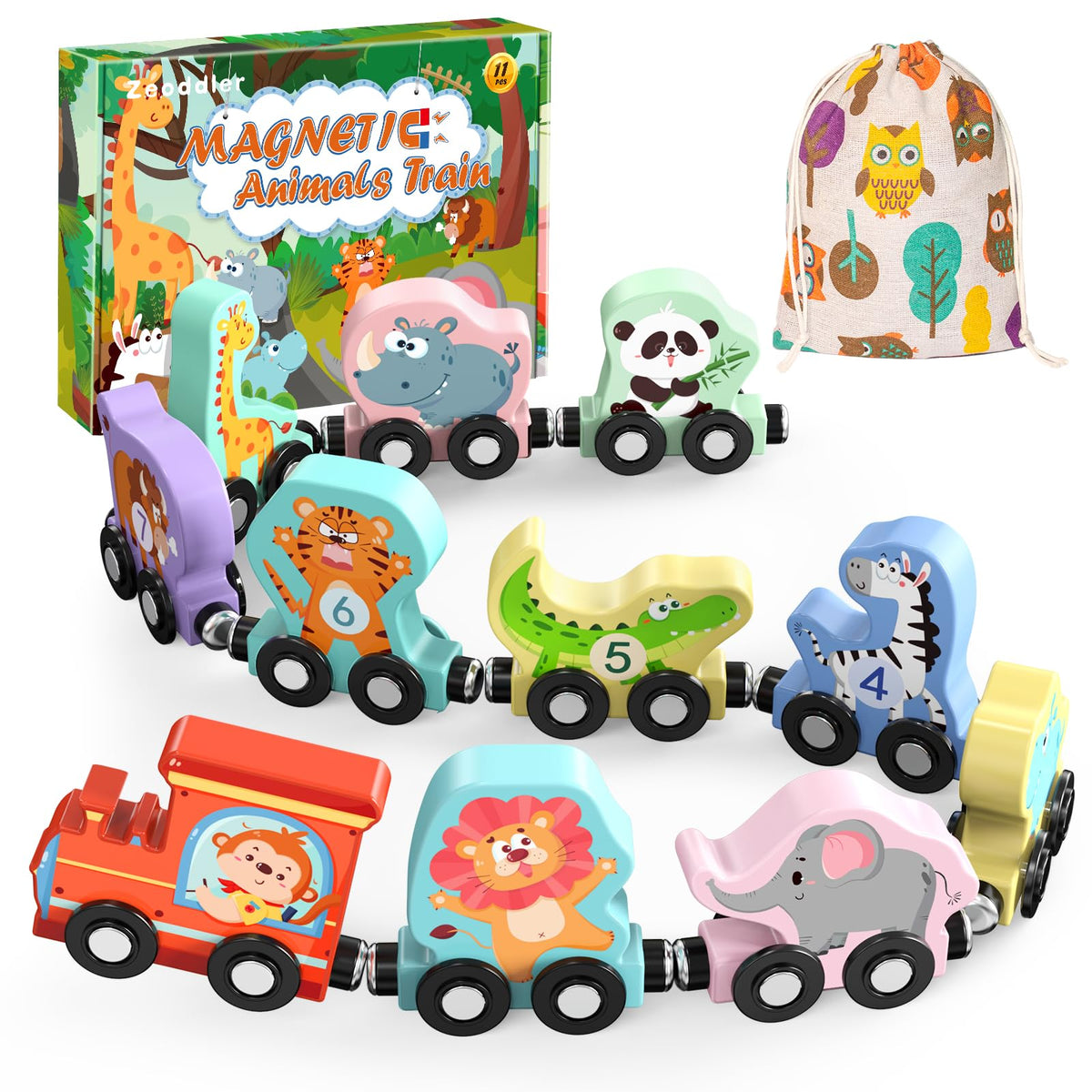Zeoddler 11-piece magnetic wooden train set promotes fine motor skills during play.