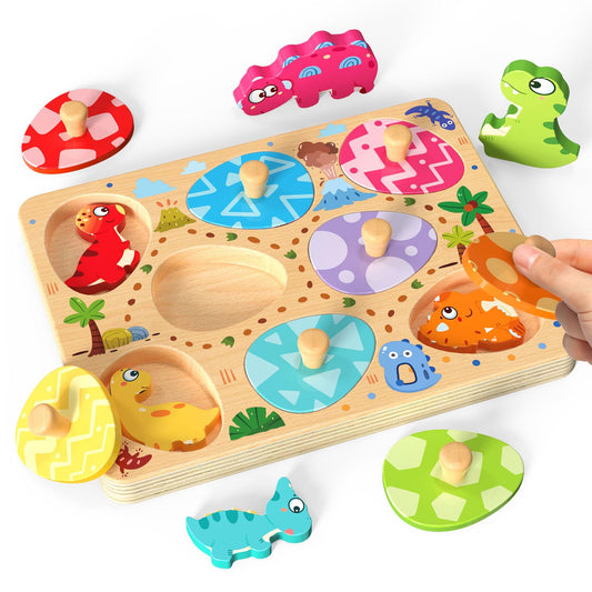 Zeoddler dinosaur egg puzzle set with natural wood and easy-grip knobs.
