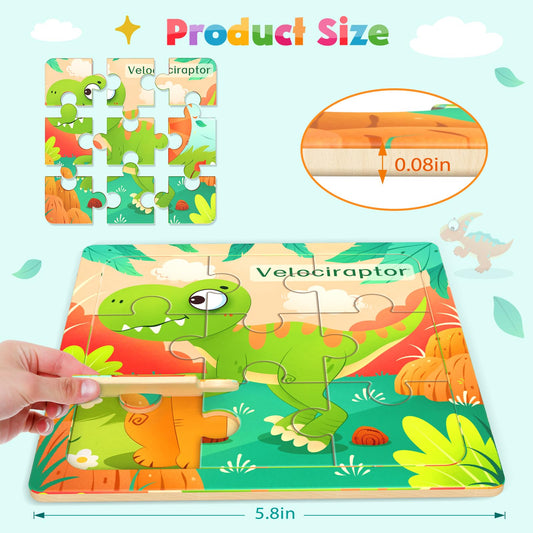 Zeoddler wooden dinosaur puzzle pieces close-up, smooth edges, colorful dinosaurs.