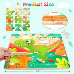 Zeoddler wooden dinosaur puzzle pieces close-up, smooth edges, colorful dinosaurs.