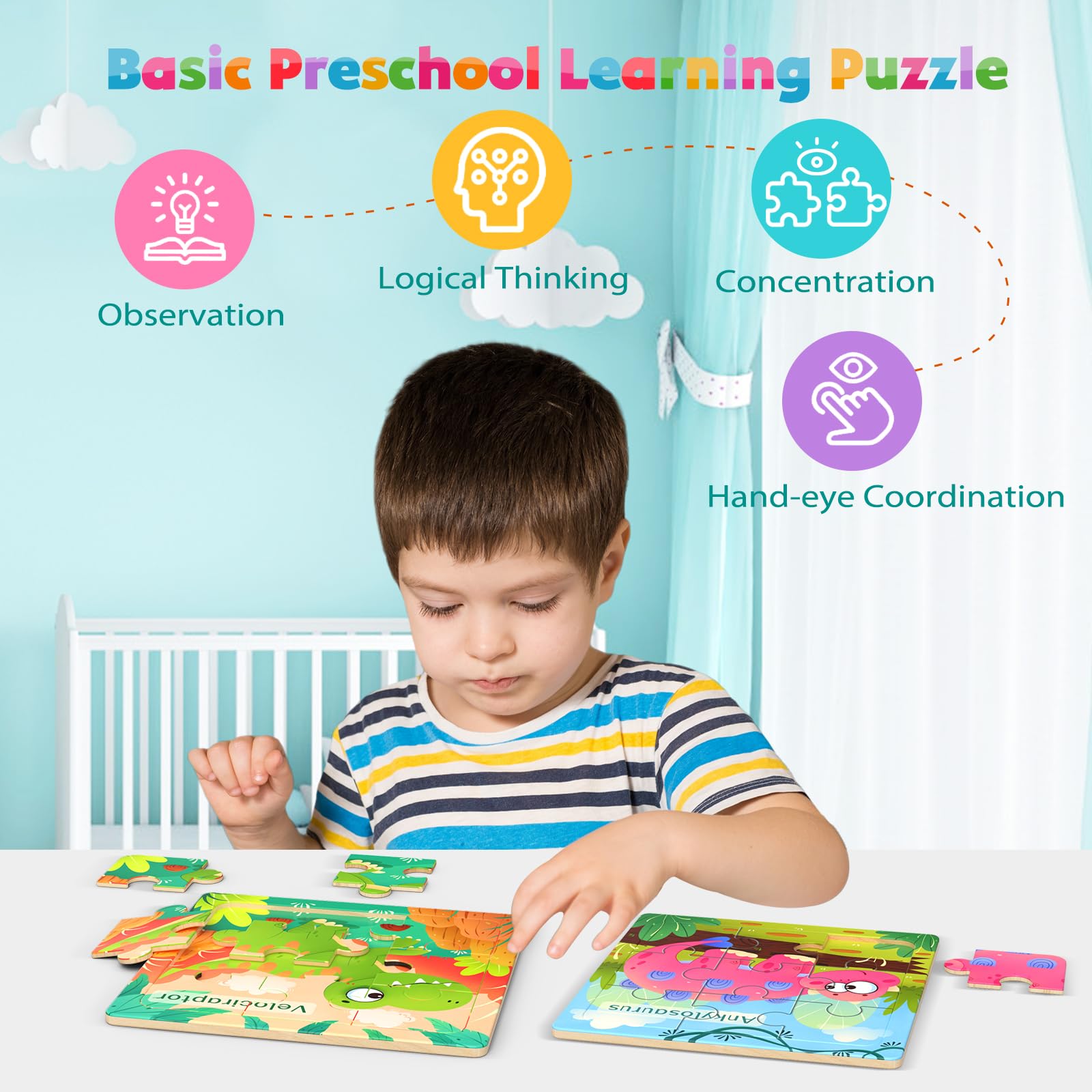 Zeoddler dinosaur puzzle set with patterns for cognitive exploration.