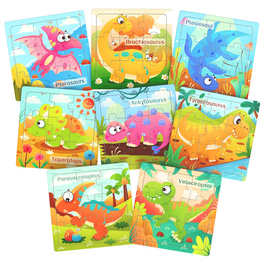Zeoddler wooden dinosaur puzzle set, eight-piece pack, enhances fine motor skills.