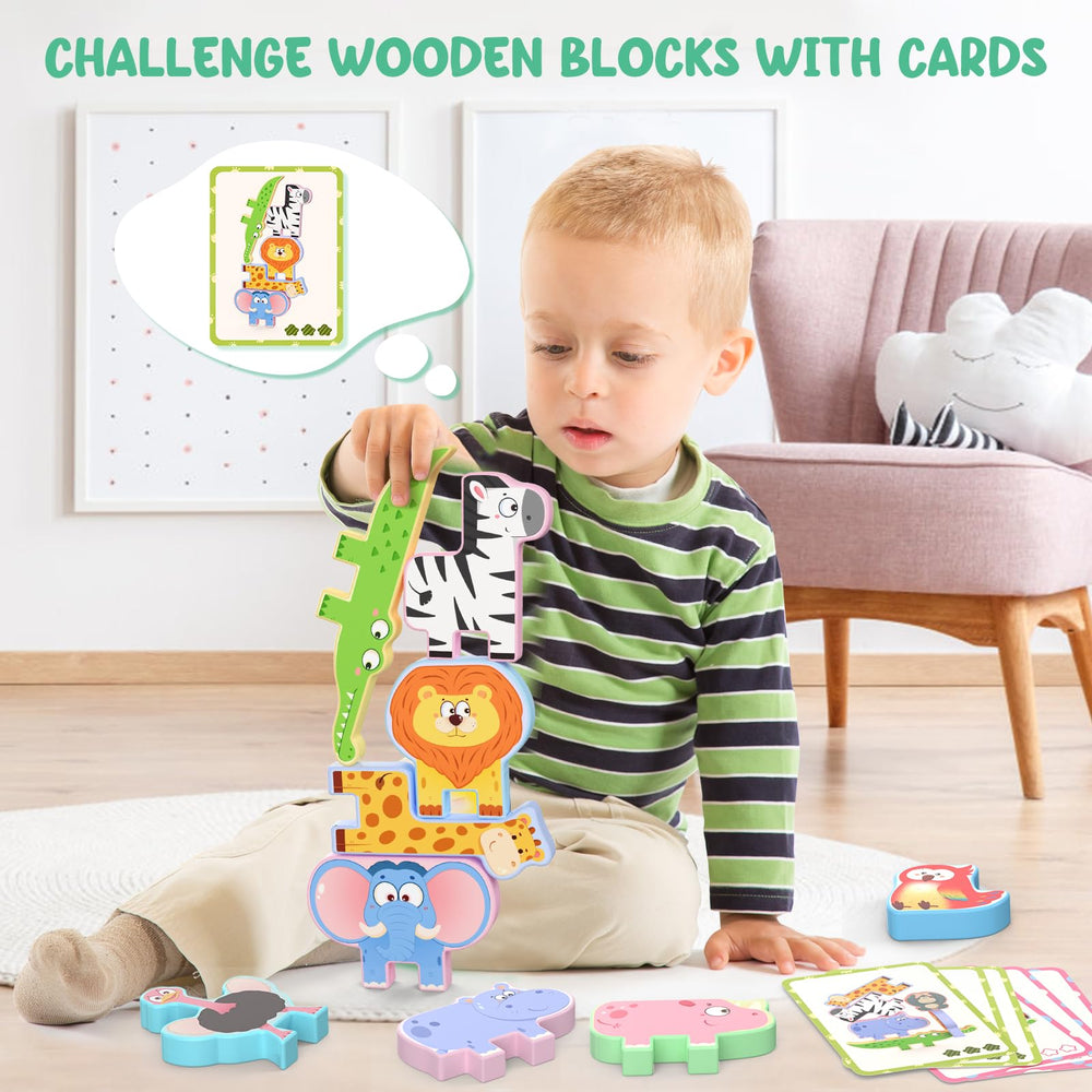 Zeoddler sorting and stacking play session with colorful animal blocks on a surface