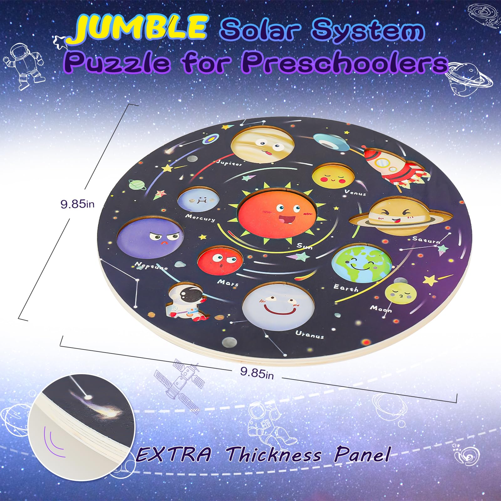 Zeoddler Upgrated Solar System Puzzle edge detail showcases safe, non-toxic wooden craftsmanship