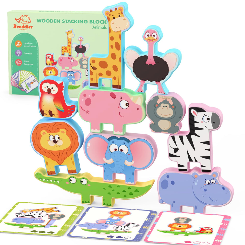 Zeoddler wooden animal stacking blocks set viewed from above for tactile exploration and stacking