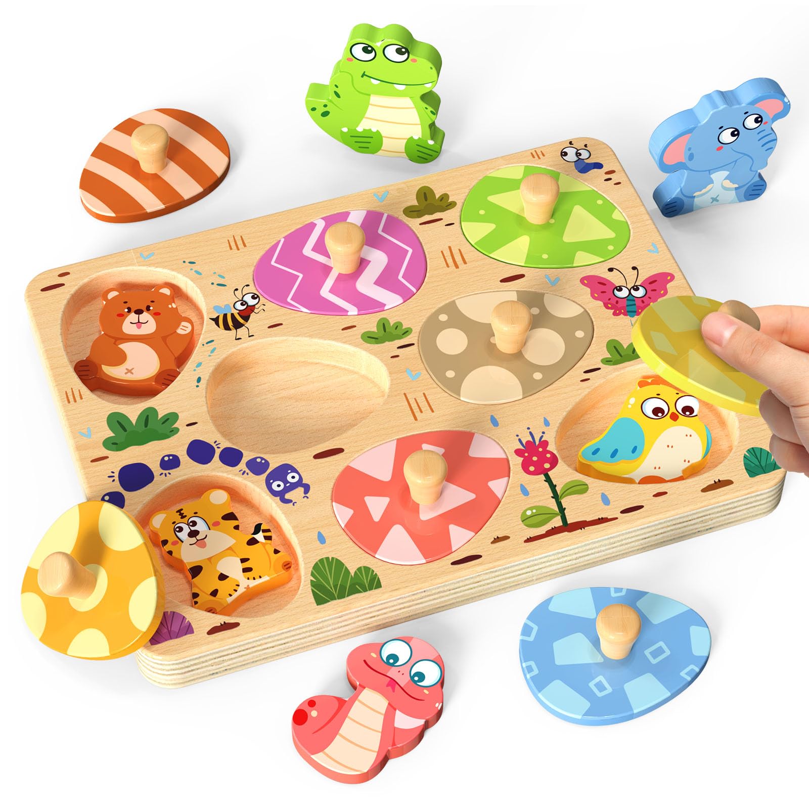 Zeoddler wooden egg puzzle for toddlers with animal icons boosting fine motor skills