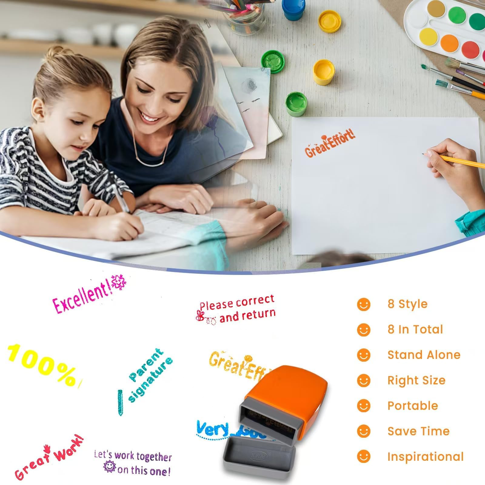 Zeokiar motivational stamps reinforce effort with bright, clear impressions.