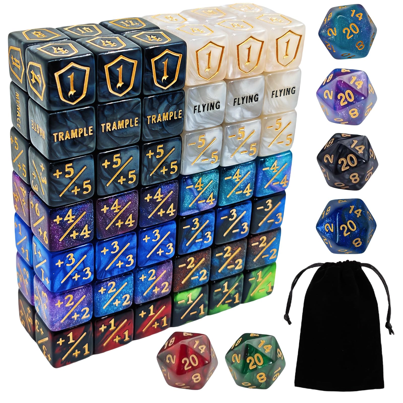 ZEOXUER 90pcs MTG counter dice set showing complete kit for fast reference