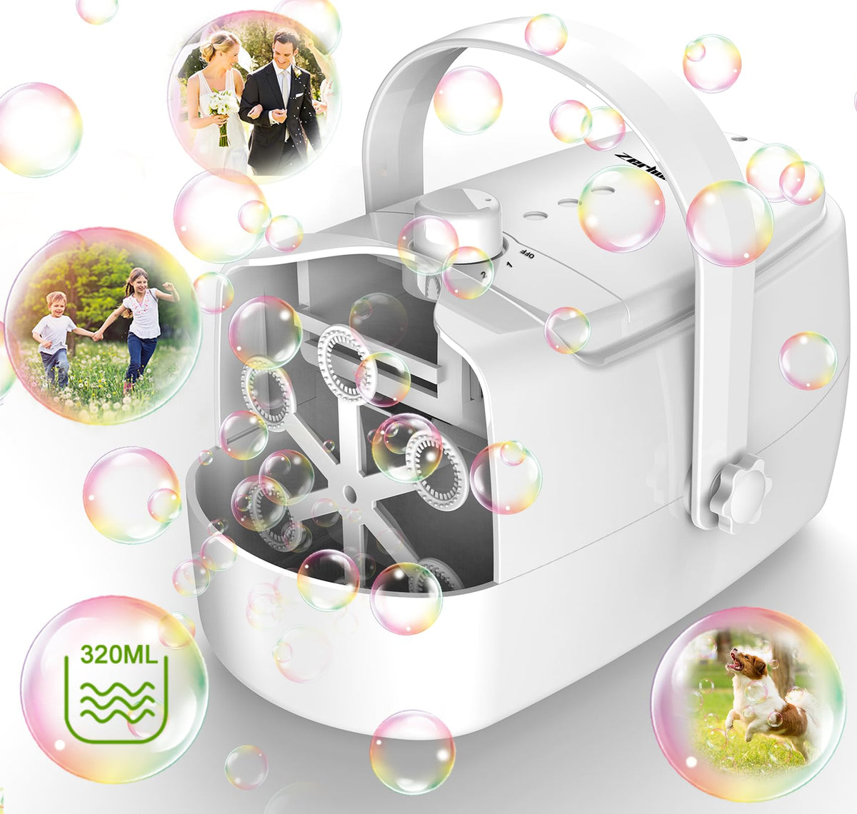 Zerhunt Bubble Machine top view showing vibrant bubbles for outdoor fun