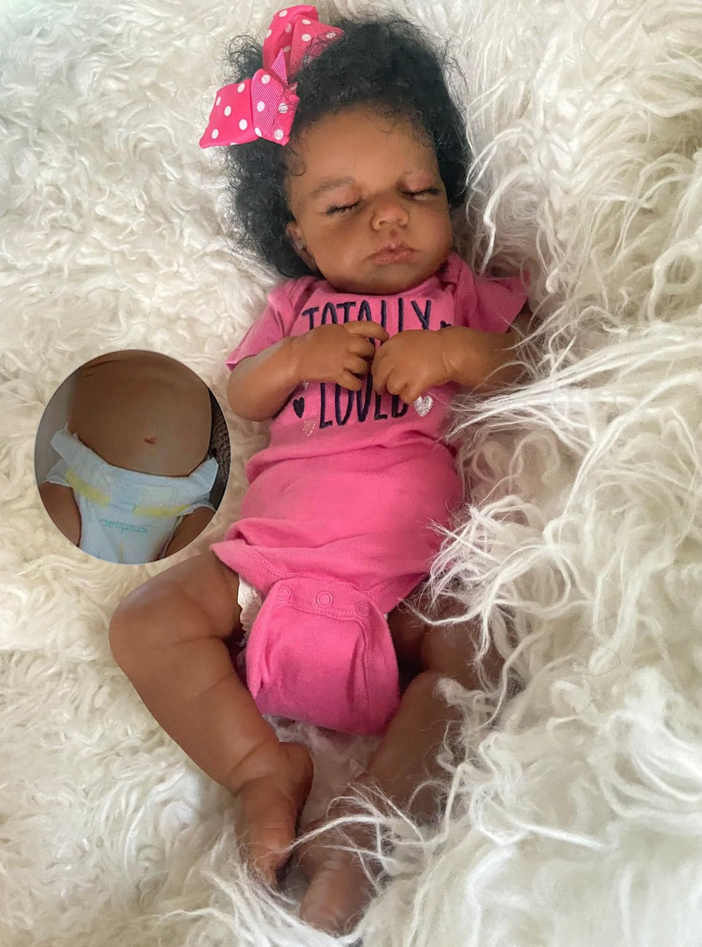 Zero Pam Black Reborn Baby Doll 20-inch face close-up showing lifelike skin detail.