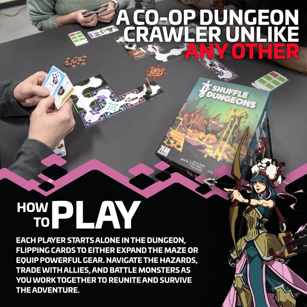 Zero Strategy Games Shuffle Dungeons dual-use cards unlock actions and room expansions.