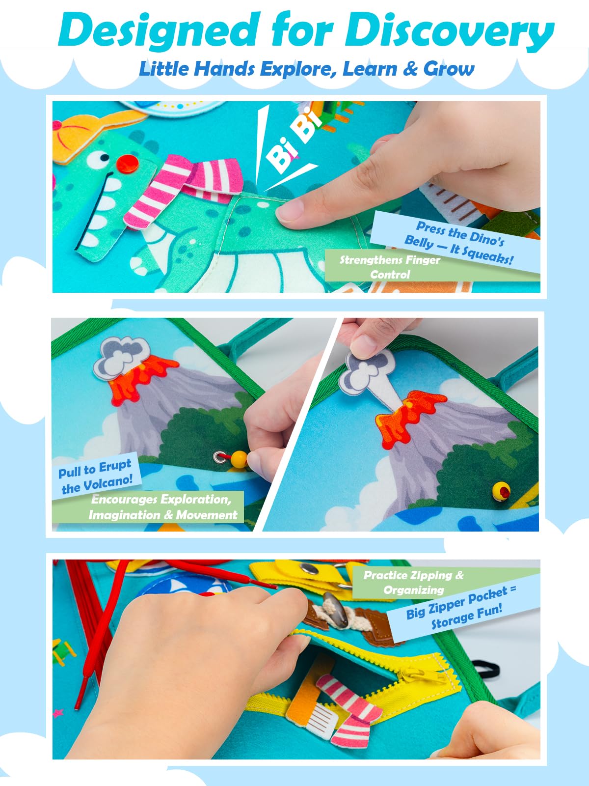 ZEROMX Busy Board featuring dino shoe-tying activity for independence