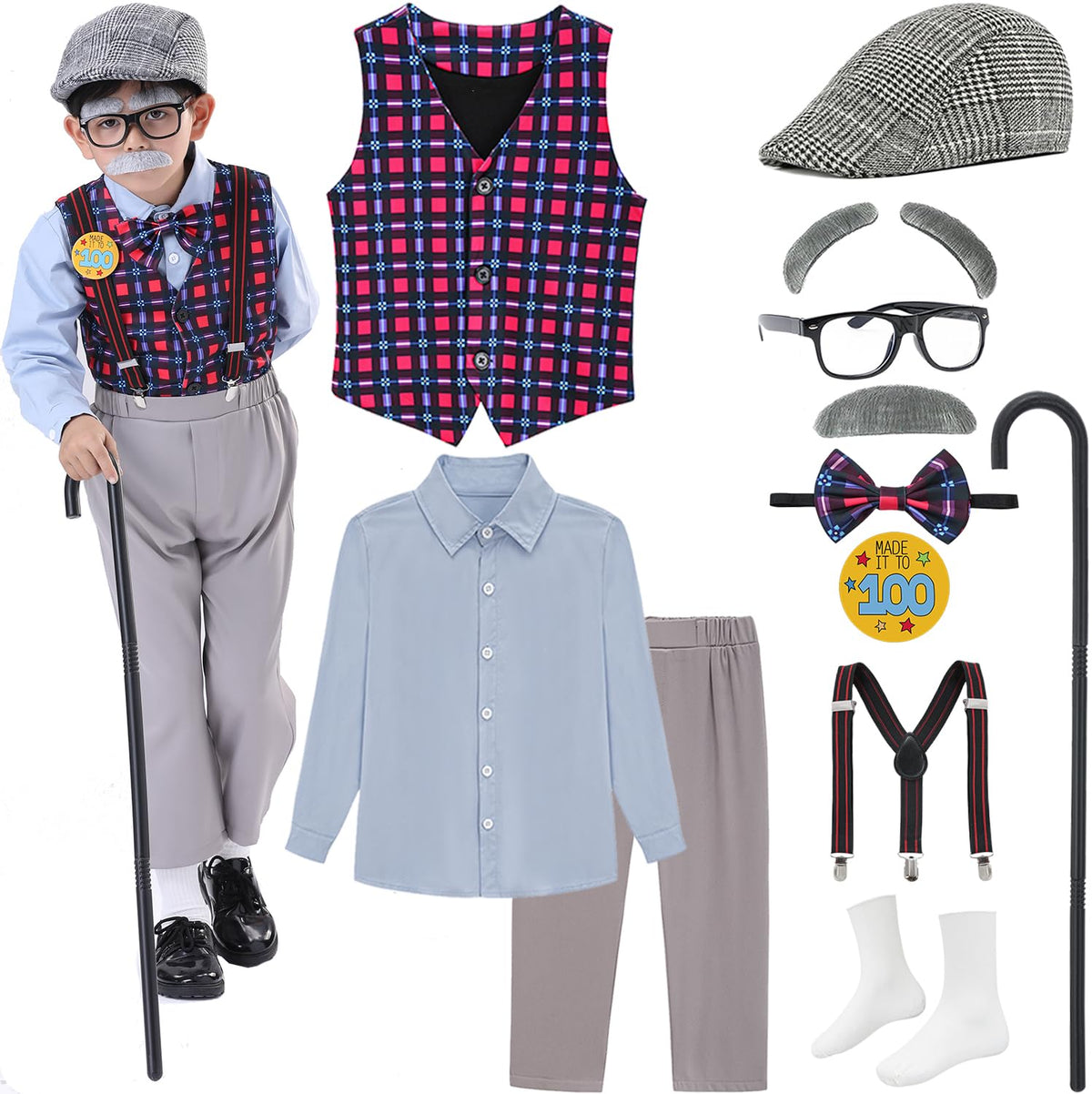ZeroShop old man costume vest for kids, comfortable vest for 100th day of school look.