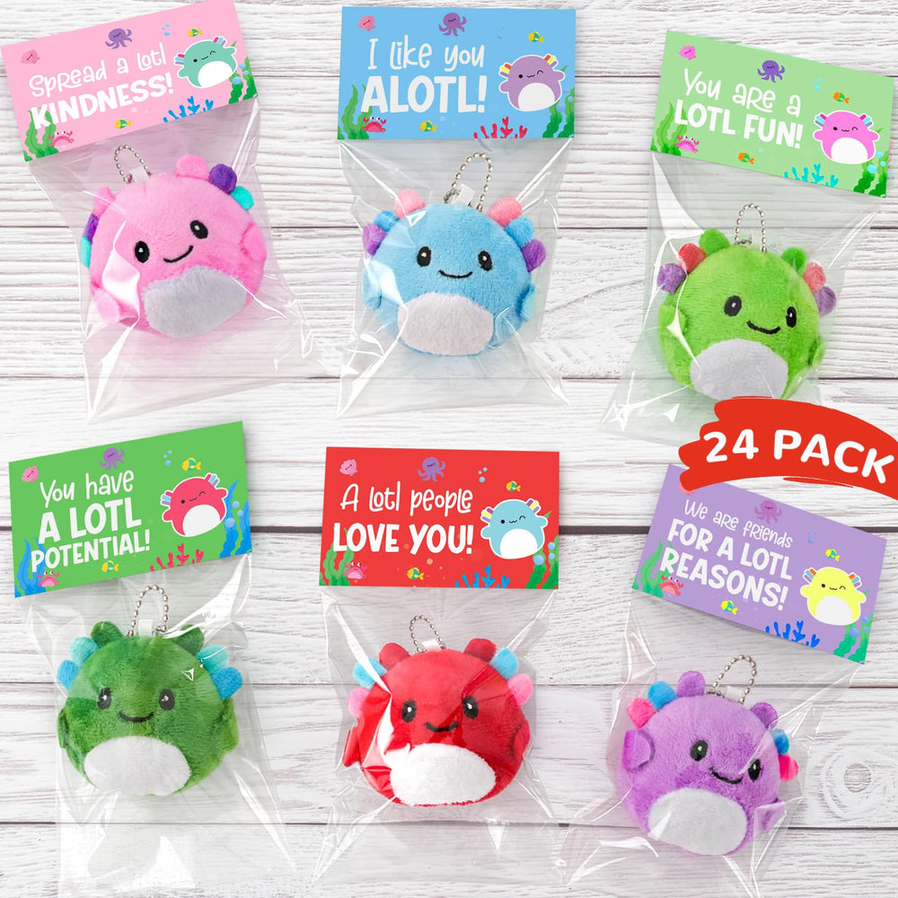 Zesua axolotl plush keychains in a 24-pack offer soft textures and vibrant colors for gifting.
