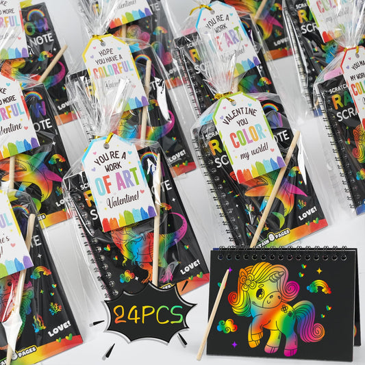 Zesua rainbow scratch art notebook 24-pack reveals vibrant colors for classroom crafts.