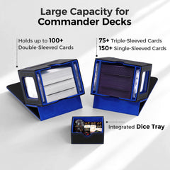 Zettokete deck box capacity shows 100+ double-sleeved cards with dividers for organization.