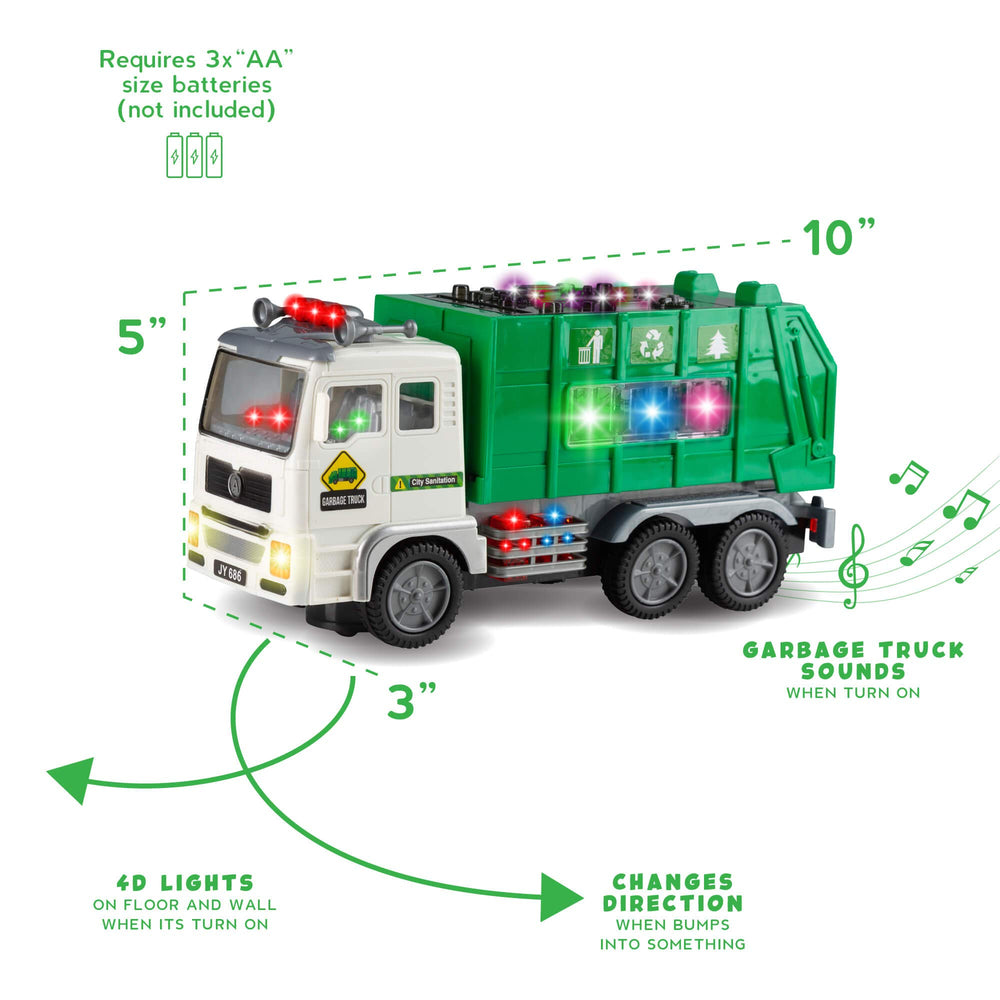 Zetz Brands toy garbage truck with bump-and-go helps kids practice direction changes safely.