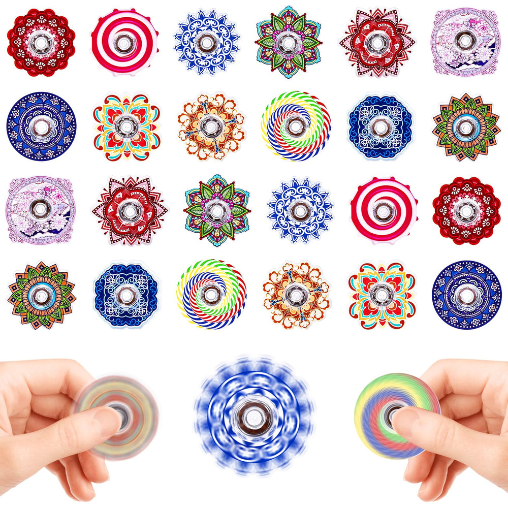 ZEZUCUN 24-pack fidget spinners in multicolor patterns for classroom prizes and stress relief.
