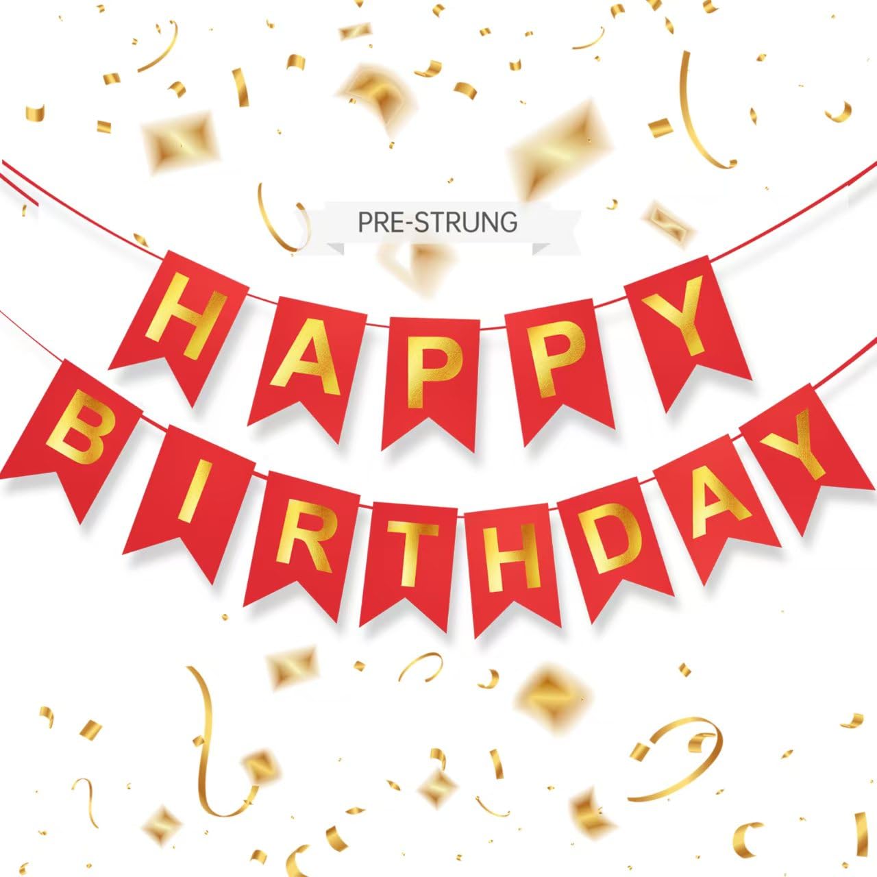 ZGIMI red happy birthday banner 16ft pre-strung for easy party setup indoors or outdoors