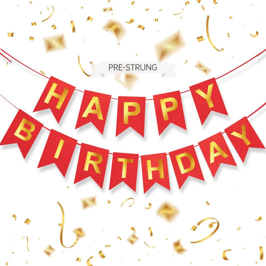 ZGIMI red happy birthday banner 16ft pre-strung for easy party setup indoors or outdoors