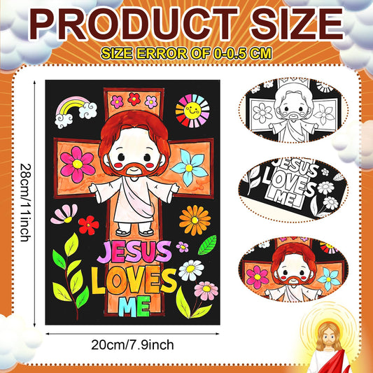 Zhanmai color-your-own posters with crosses and doves for arts and storytelling.