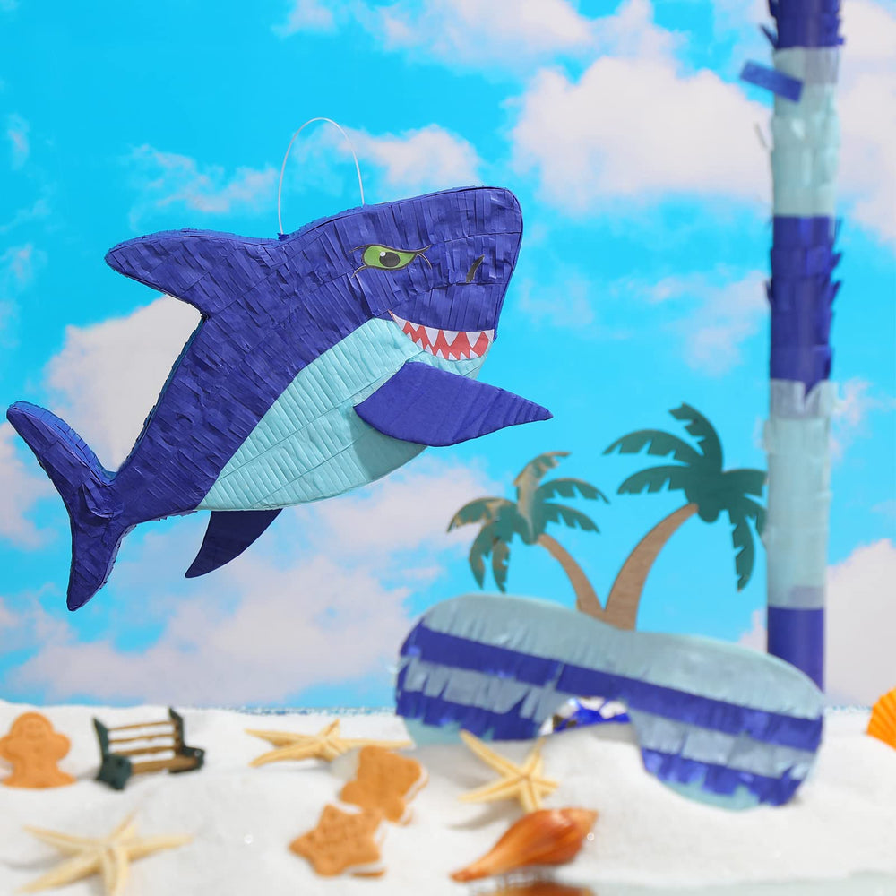 Zhanmai shark pinata side view for bold ocean themed decor.