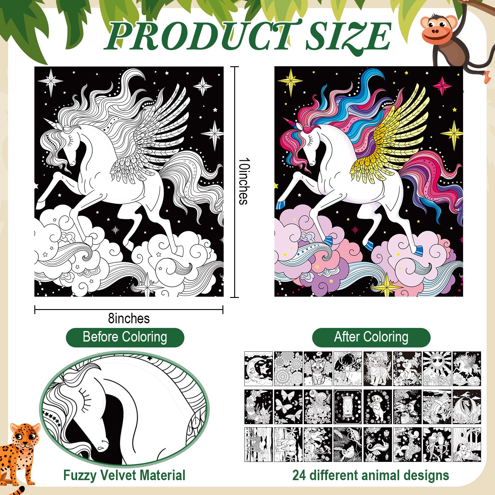 Zhanmai velvet coloring posters featuring foxes, tigers, and rabbits for color recognition.