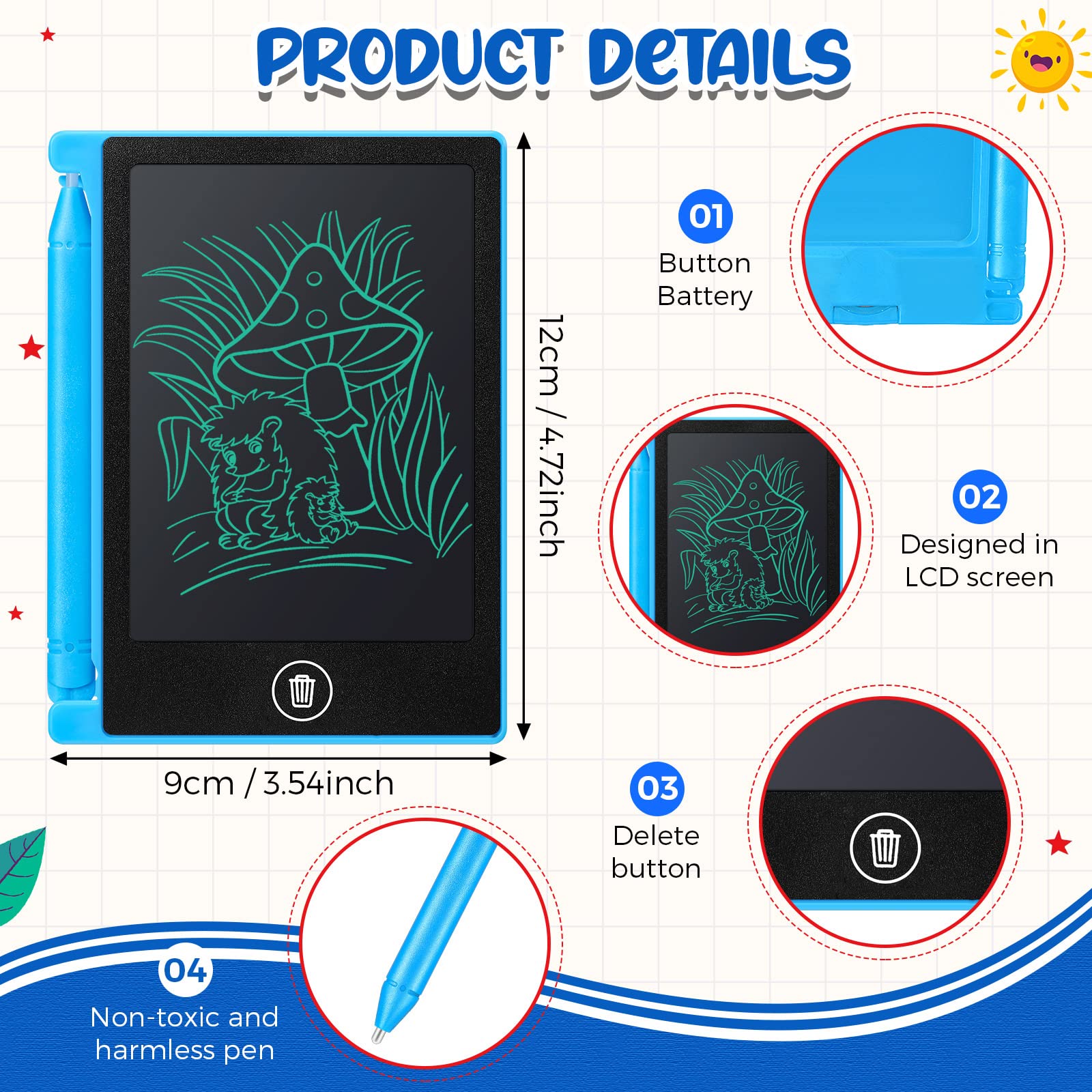 Zhehao LCD mini tablet black front view, durable kids drawing pad