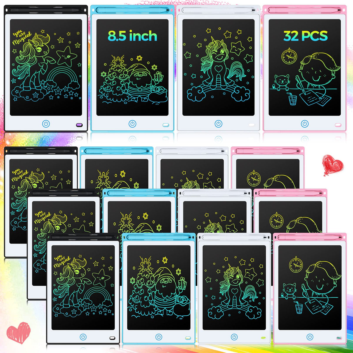 Zhehao 32-pcs LCD writing tablet set shown for classroom use and doodling