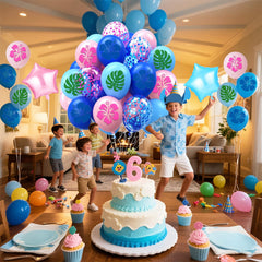 Zheiuyjie blue pentagram foil balloon highlights cartoon-themed decorations.